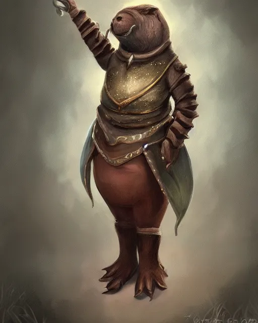 Prompt: High Fantasy whimsical portrait painting of a wise anthropomorphic humanoid mole with a human shaped body, leg high, wearing fantasy formal clothing, wearing fantasy clothing, cgsociety, trending on artstation, dnd