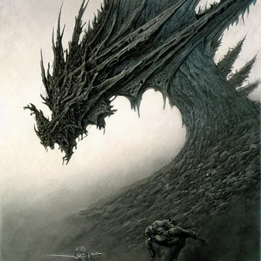 Image similar to dragon slayer concept art, beksinski