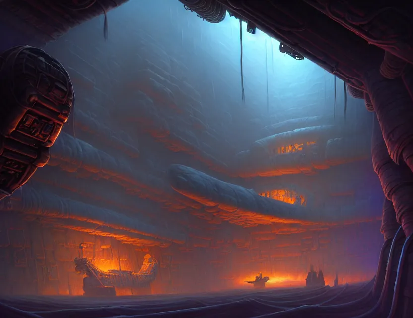 Prompt: interior view of the magic smuggler cargo hold of a flying ship, d & d planescape fantasy art, artstation contest winner, beautiful digital painting in the style of dan mumford, art by kev chan, volumetric lighting, concept art, speedpainting, fantasypunk, deep colors, cgsociety, by gerald brom, by greg rutkowski, by ruan jia