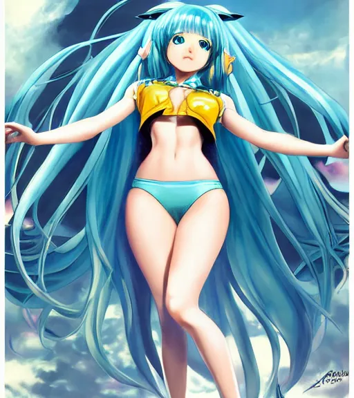 Prompt: Anime art of beautiful Hatsune miku with beautifel legs by artgerm, magali villeneuve, Gil Elvgren, Alberto Vargas, Earl Moran,, Art Frahm, Enoch Bolles