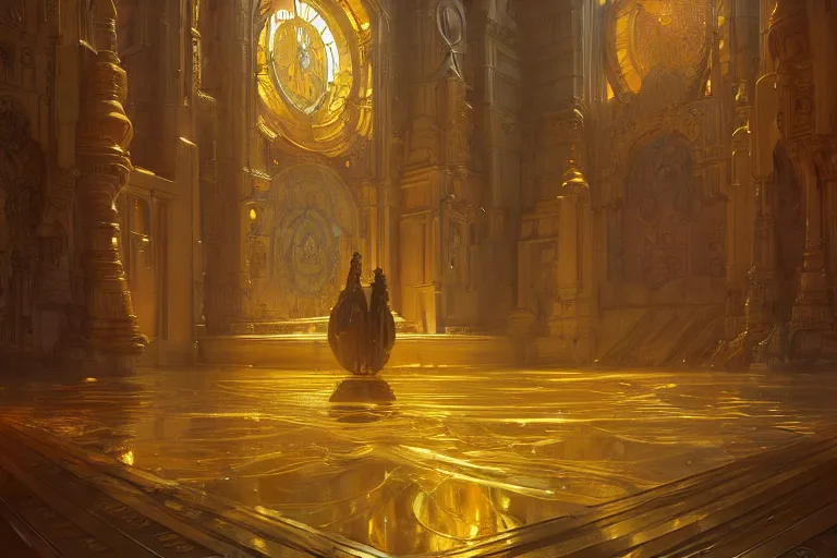 Image similar to a background matte painting for a scifi religious room with chambers of bubbling liquid gold intricate digital painting artstation concept art smooth sharp focus illustration, art by artgerm and greg rutkowski and alphonse mucha