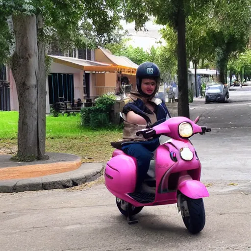 Image similar to a pig riding a scooter