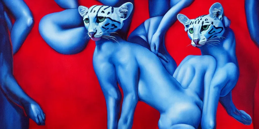 Image similar to only with blue, ney motogrosso in love with a red ocelot, too many hands in all directions, in hoc signo vinces, waterfall, in the style of leonora carrington, gottfried helnwein, intricate composition, blue light by caravaggio, insanely quality, highly detailed, masterpiece, red light, artstation