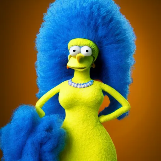 Image similar to marge simpson as a muppet blue hair, yellow skin, green dress. highly detailed felt. hyper real photo. 4 k.
