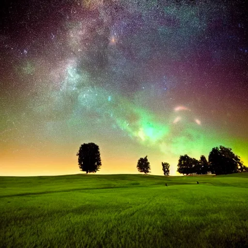 Image similar to An emerald green meadow filled with ancient structures with a cosmic sky full of stars and swirling lights