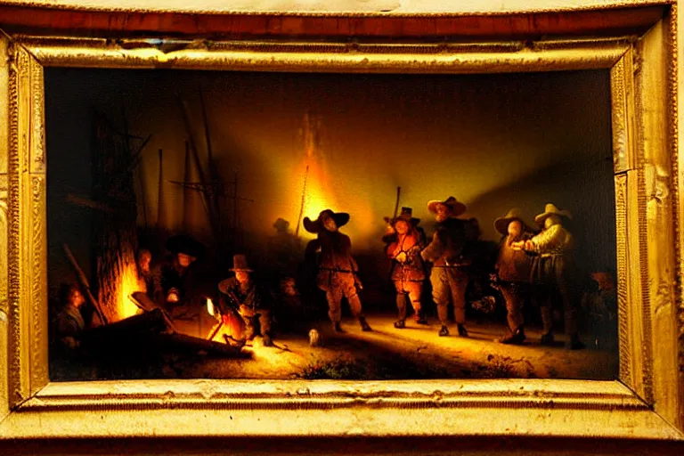 Prompt: rembrandt oil painting of a campsite with bonfire