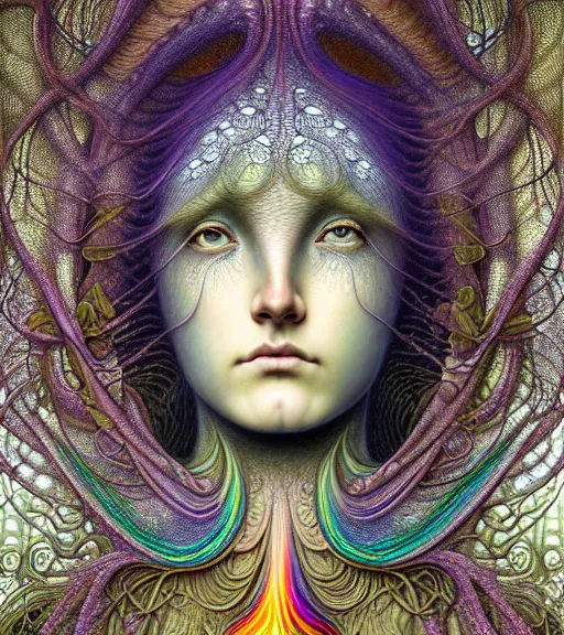 Prompt: detailed realistic beautiful rainbow goddess face portrait by jean delville, gustave dore, iris van herpen and marco mazzoni, art forms of nature by ernst haeckel, art nouveau, symbolist, visionary, gothic, neo - gothic, pre - raphaelite, fractal lace, intricate alien botanicals, biodiversity, surreality, hyperdetailed ultrasharp octane render