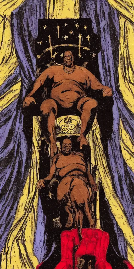 Image similar to style of frank miller, anatomically correct portrait of big black man sitting on throne, background made of big curtains