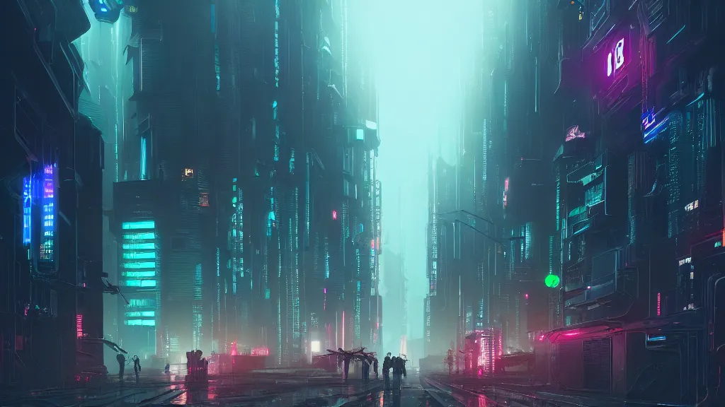 Prompt: cyberpunk industrial city streetview. cyberpunk robots. night time. blade runner. rain. digital render. digital painting. beeple. noah bradley. cyril roland. ross tran. trending on artstation