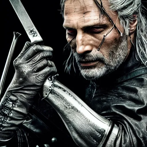 Prompt: mads mikkelsen as the witcher drawing his silver sword, professional photography, sharp focus, low - key lighting, high contrast, dramatic, studio high resolution photography