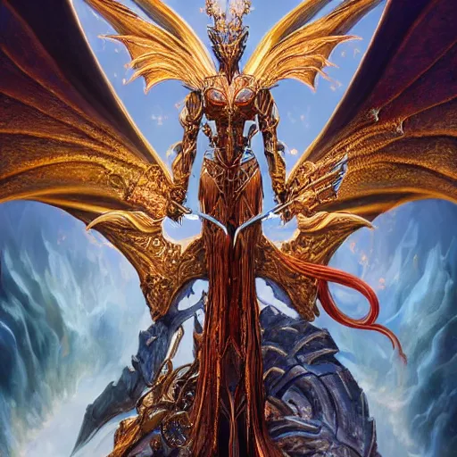 Image similar to a beautiful symmetrical muscular full body wearing a dragon armor with wings made of golden ornaments and gems, by alex gray and android jones , Karol Bak, Ayami Kojima, Amano , concept art, character design, fantasy,3D, 8k resolution