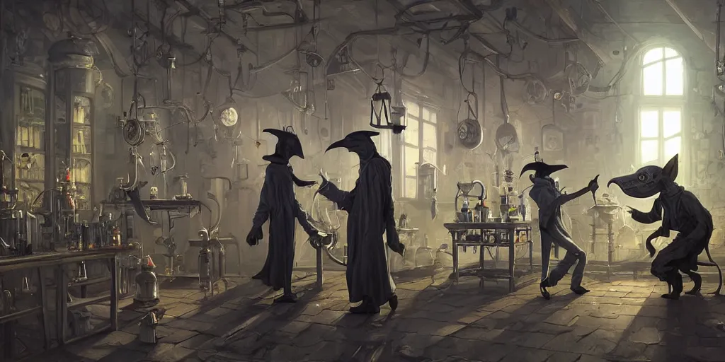 Prompt: a plague doctor and a humanoid rat in a laboratory with lots of flasks filled with magic liquids, stephen bliss, unreal engine, fantasy art by greg rutkowski, loish, rhads, ferdinand knab, ilya kuvshinov, rossdraws, tom bagshaw, global illumination, radiant soft light, detailed and intricate environment