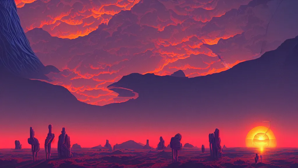 Prompt: sunset at the other side of nowhere, sharp digital painting. dreaming latent space. concept art. artstation. casey weldon. digital render. dan mumford. clean retro. bruce pennington.