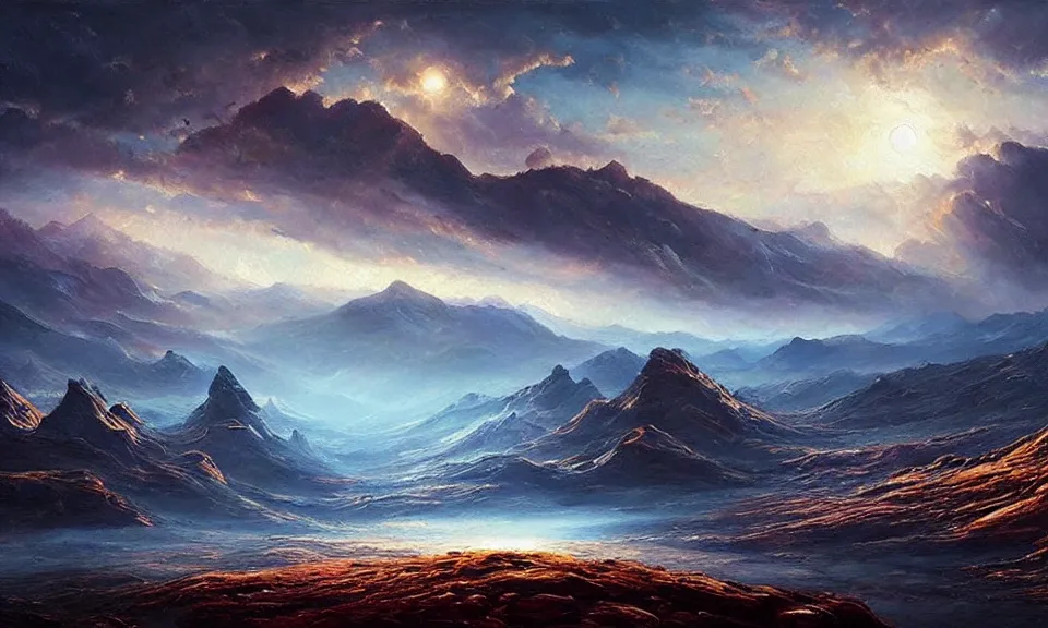 Prompt: the most beautiful landscape, oil painting, alien breathtaking landscape, cinematic lighting, highly detailed, very realistic