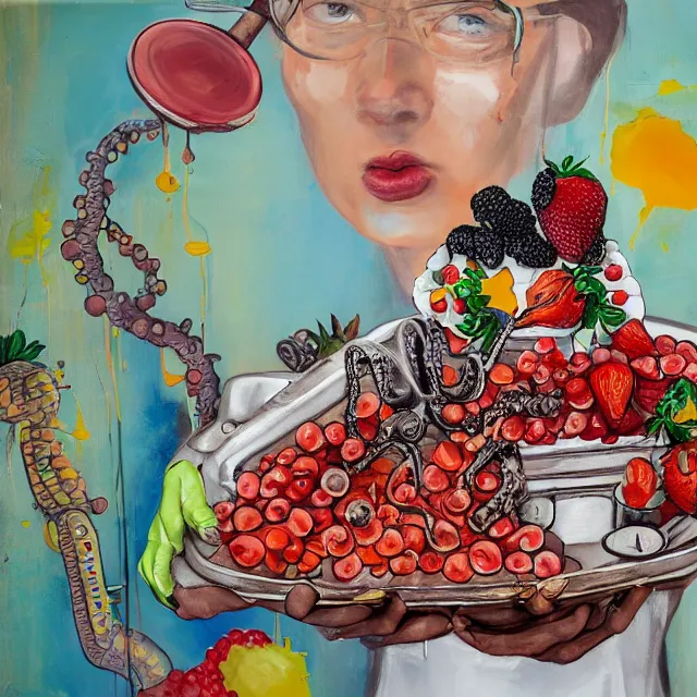 Image similar to a portrait in a dumpster, a woman holding pancakes, honey dripping, berries dripping, strawberries, scientific instruments, ikebana, octopus, neo - expressionism, surrealism, acrylic and spray paint and oilstick on canvas