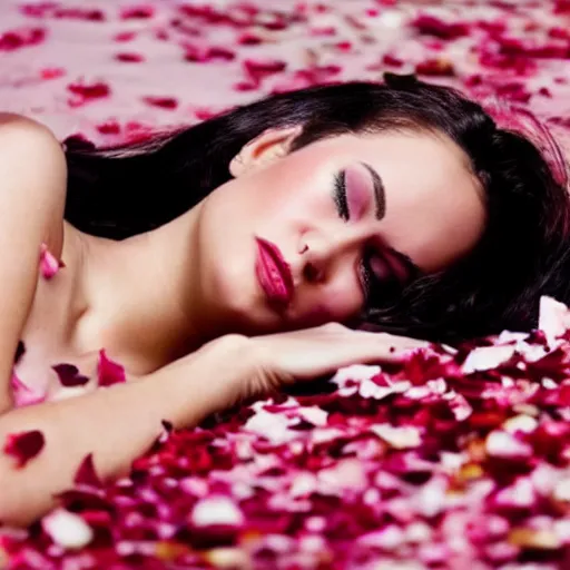 Image similar to a pretty woman lying in a bed that's covered in rose petals,