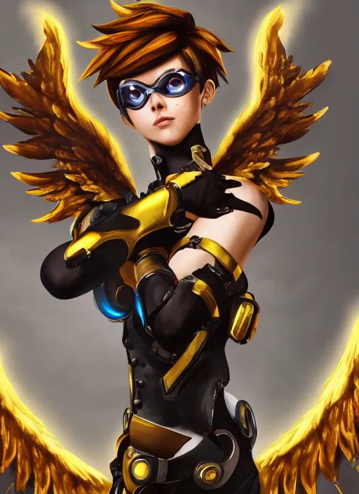 Image similar to full body oil painting of tracer overwatch, angel wings, dramatic painting, symmetrical composition, wearing gold detailed choker, golden cuffs, black shiny armor, detailed face and eyes,