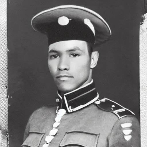 Prompt: Portrait of the rock dwayne johson as a soldier , Historical photo