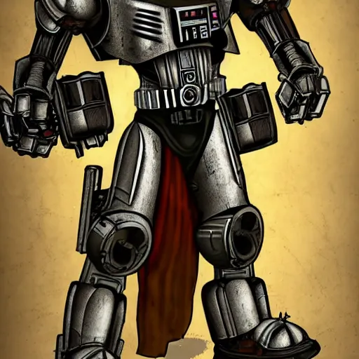 Image similar to huge power armor with servos from fallout in the style of Darth Vader from star wars in full body, realism, depth of field, focus on darth vader,