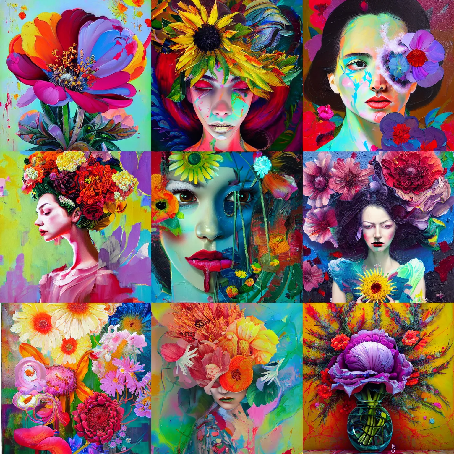 Prompt: flower painting by andrei riabovitchev, tara mcpherson, david choe, sandra chevier detailed painterly impasto brushwork