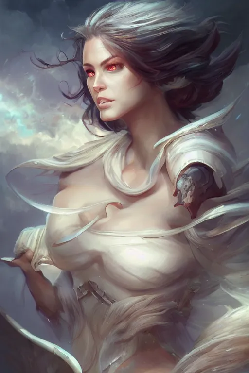 Image similar to half body closeup beautiful girl warrior in white dress, casting magic spell, angel, magic storm and thunder clouds, fantasy, magic the gathering, hyper detailed, 3 d render, hyper realistic detailed portrait, peter mohrbacher