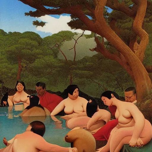 Image similar to a painting of capybaras at the japanese hot springs by thomas blackshear