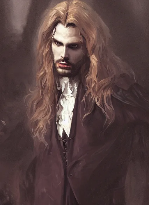 Image similar to portrait painting of the vampire lestat, muscular male gleeful, long hair! long coat, elegant rugged handsome unreal render cinematic lighting art 1 8 9 0 period drama by bussiere rutkowski andreas rocha