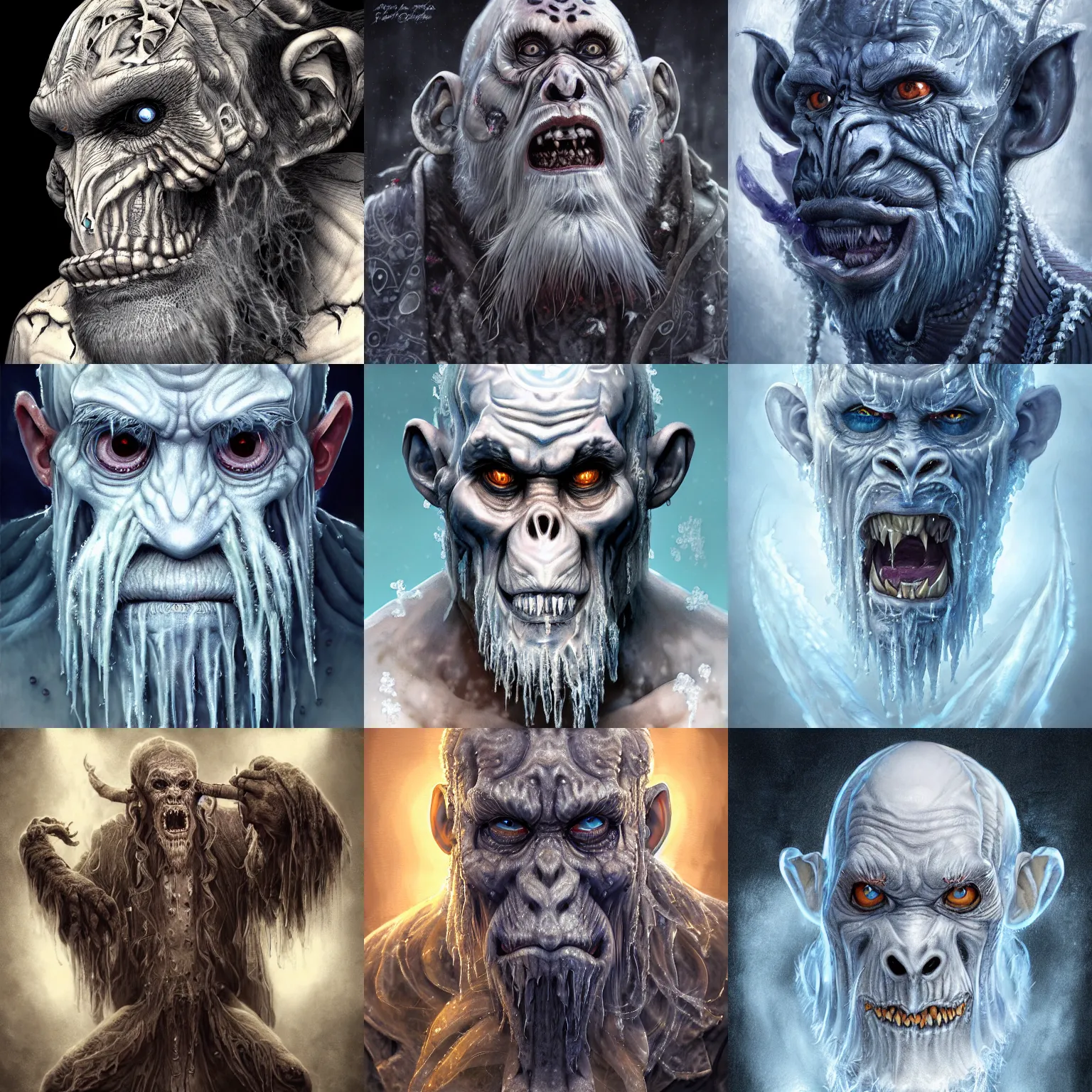 Image similar to a wlop 3 d render of very very very very highly detailed beautiful mystic portrait of a horror ice phantom ape demon with tattoos and frosty background by anton pieck, intricate, extremely detailed, digital painting, artstation, concept art, smooth, sharp focus, illustration, intimidating lighting, incredible art,