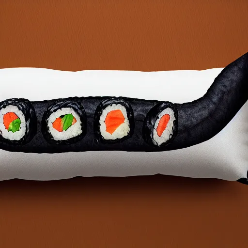 Prompt: a sushi pillow, product photography, highly detailed, epic lighting, hyper photorealism, 8 k