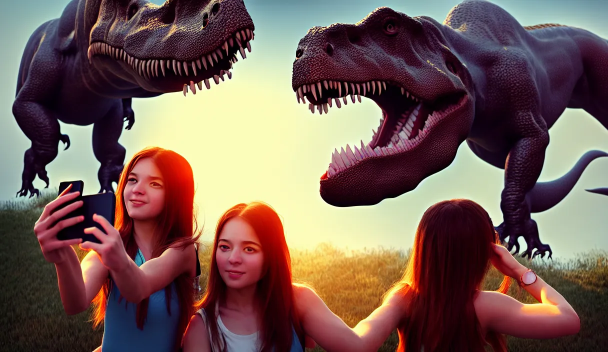 Prompt: portrait of a girl making selfie with her beloved tyrannosaurus, high detail, raytracing, back light, digital art, raymarching, by zdenek burian