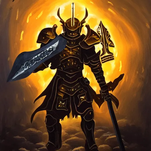 Image similar to A highly detailed matte acrylic painting of a heavily armored paladin wielding a very bright glowing gold sword, fighting in a huge battle at dusk.