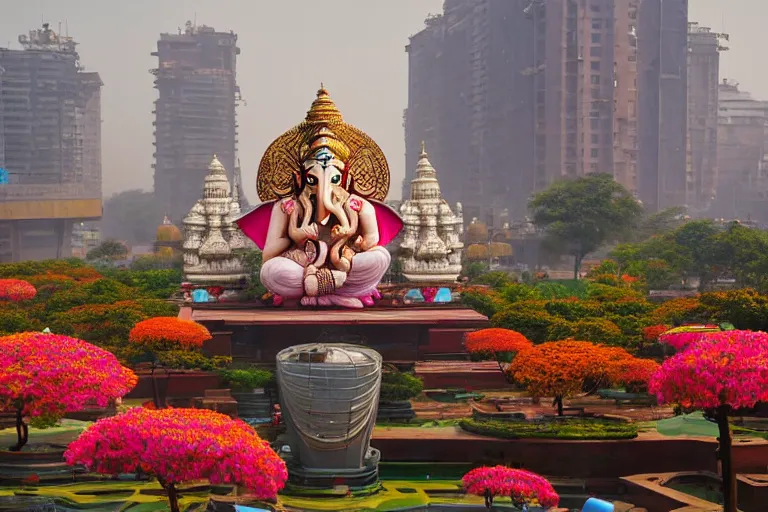 Image similar to beautiful futuristic new delhi, sharp sci - fi ganesha!! building, kalighat flowers, highly detailed cinematic, stephen shore & john j. park, soft morning light, wide shot, ground angle, uhd 8 k, shallow depth of field