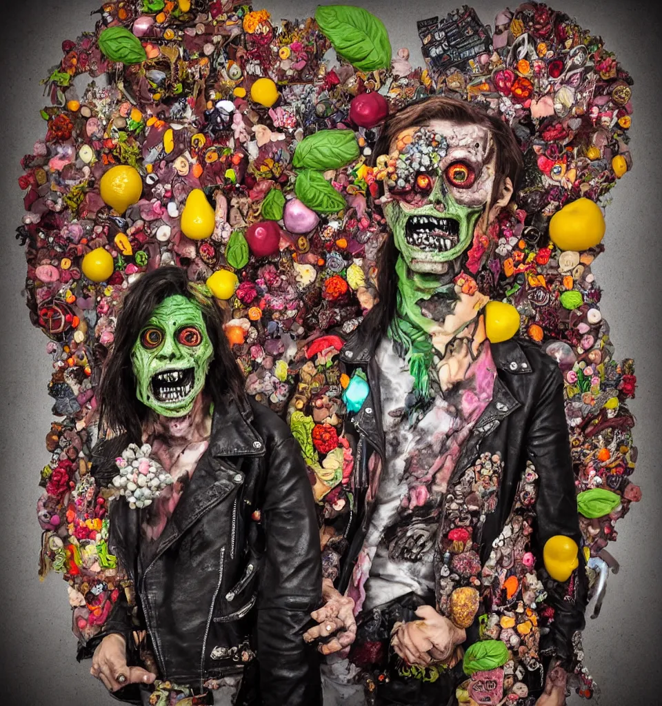 Prompt: bodyshot of a zombie punk rock teenager, leather jacket, ripped jeans, head made of fruit gems and flowers in the style of arcimboldo, basil wolverton, street art, action figure, clay sculpture, claymation, wide angle zoom lens, dramatic stage spotlight lighting