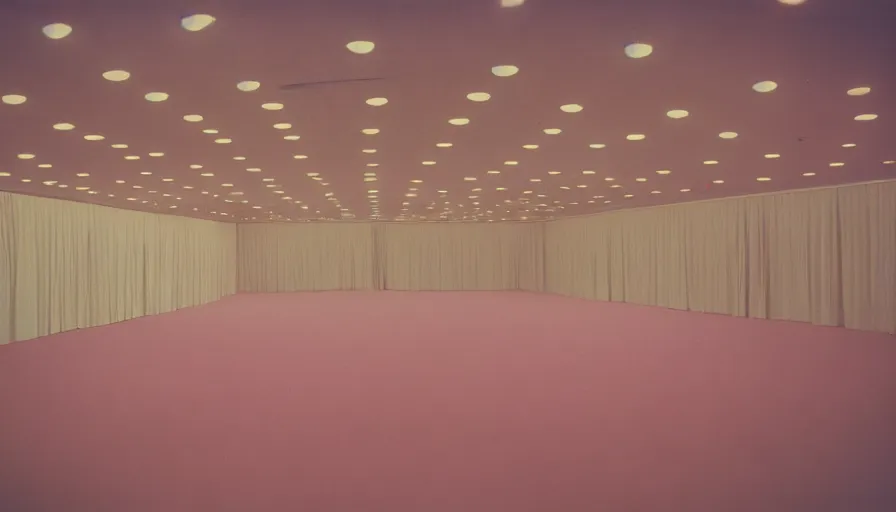 Image similar to 70s movie still of a high ceiling empty ballroom , cinestill 800t Technicolor, heavy grain, high quality, criterion collection, liminal space style