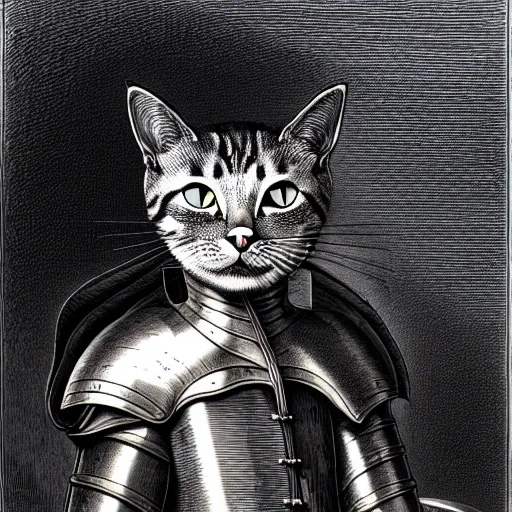 Image similar to engraving portrait of humanoid cat in medieval armoury by gustave dore. trending on deviant art, street art, chillwave, maximalist, full of color, glittering, 8 k, hd