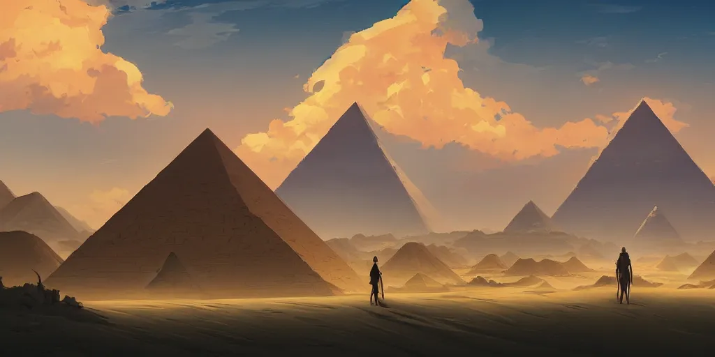 Image similar to a stunning desert landscape with pyramids by makoto shinkai