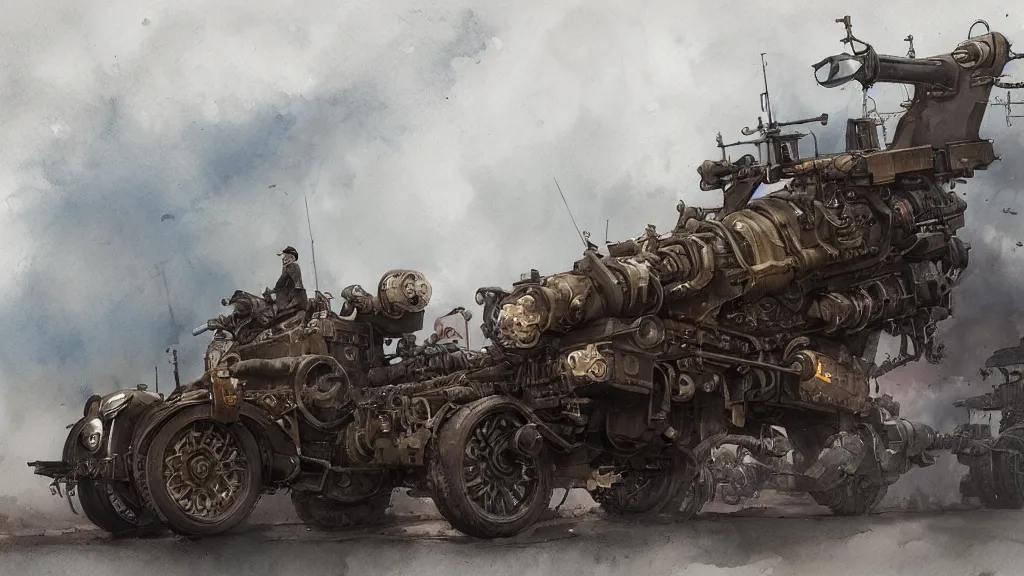 Image similar to overview of dieselpunk vehicle with cannon on top, watercolored, jakub rozalski, dark colours, dieselpunk, artstation