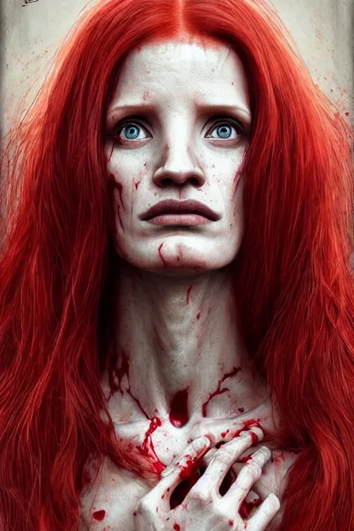 Prompt: woman skeleton covered with blood, jessica chastain face!!!, long red hair, ultra realistic, concept art, intricate details, highly detailed, 4 5 mm. photorealistic, octane render, 8 k, unreal engine. retro film still, heavy grain, 3 5 mm, art by artgerm and greg rutkowski and alphonse mucha