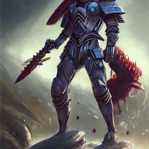 Image similar to a beautiful stunning interesting magic the gathering fantasy digital illustration of a samurai astronaut wearing a visored kabuto and armored space suit, carrying a sword on a planet with exotic and dangerous carnivorous plants, awesome and moody, by greg rutkowski and mark keathley, trending on artstation,