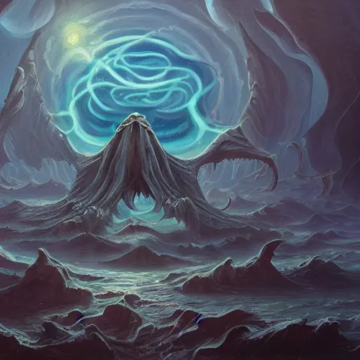 Image similar to a continent in the shape of a lovecraftian old god painting. oil on canvas. award winning. dramatic. trending on artstation 8 k