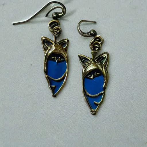 Image similar to hyperrealistic artnouveau style earrings with the face of a cat - like woman in atlantis