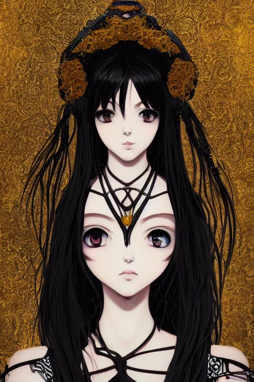 Prompt: portrait of beautiful young gothic anime maiden, cute-fine-face, pretty face, realistic shaded Perfect face, fine details. Anime, cyberpunk, Warhammer, highly detailed, artstation, illustration, art by Ilya Kuvshinov and Gustav Klimt and Gustav Klimt and Gustav Klimt and Gustav Klimt and Gustav Klimt and Gustav Klimt