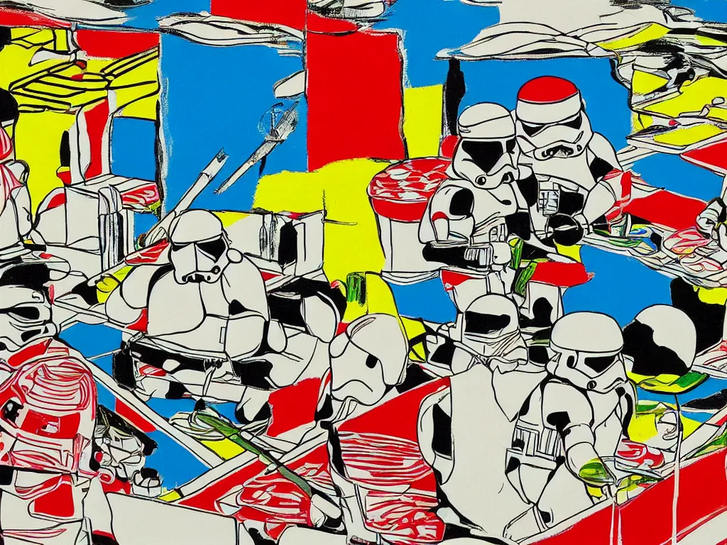 Image similar to close - up image of a japanese house with a pond, stormtroopers sitting around it, in style of pop - art, andy warhol, roy lichtenstein, jackie tsai, bright and saturated palette, acrylic on canvas