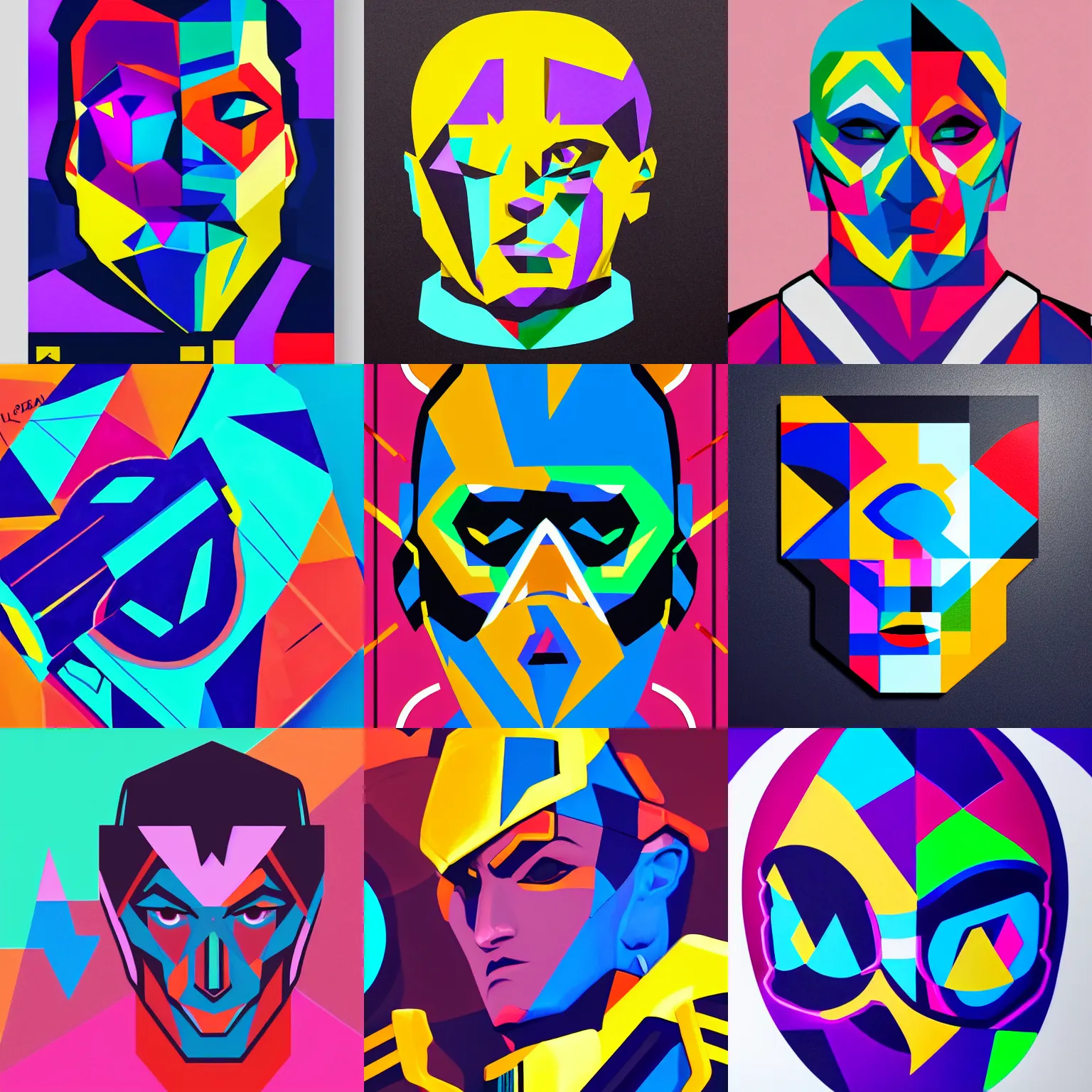 Prompt: A portrait of Sigma from Overwatch, geometric shapes, vibrant colors, spray paint, rounded corners