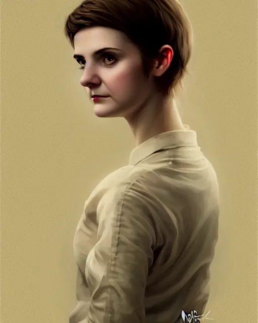 Image similar to portrait of a welsh teenage girl with brown hair, glowing skin, delicate features, quiet beauty, amelie poulain, Audreybreaker, teenage Louise brealey, fantasy, intricate, elegant, dress shirt, highly detailed, digital painting, artstation, concept art, smooth, sharp focus, illustration, art by Krenz Cushart and Artem Demura and alphonse mucha