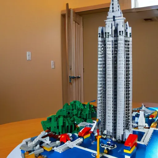Prompt: Lego set of Twin towers being hit by a plane