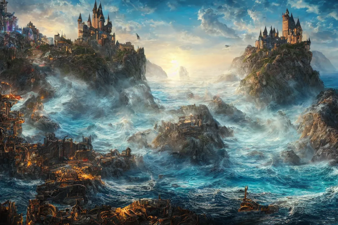 Image similar to an epic fantastic realism painting of a castle city being devoured by the ocean's beasts, 8 k, ultra realistic, lens flare, atmosphere, glow, detailed, intricate, full of colour, cinematic lighting, trending on artstation, 4 k, hyperrealistic, focused, extreme details, unreal engine 5, cinematic, masterpiece