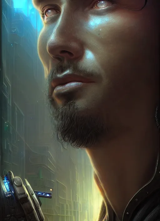 Image similar to closeup portrait shot of a cyberpunk male in a scenic dystopian environment, intricate, elegant, highly detailed, centered, digital painting, artstation, concept art, smooth, sharp focus, illustration, artgerm, tomasz alen kopera, peter mohrbacher, donato giancola, joseph christian leyendecker, wlop, boris vallejo