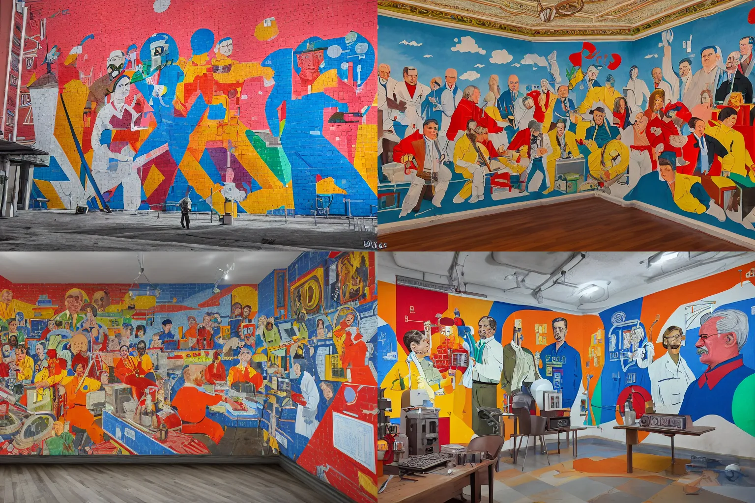 Prompt: colorful soviet wall mural depicting heroic scientists who create synthetic life, Kiev institute of the cell, Nikon D750, 4K