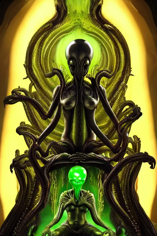 Image similar to glistening elegant queen empress xenomorph alien meditating lotus position surrounded by glowing slimy alien eggs, inside an alien temple shrine. in the style of aliens, by weta workshop, james cameron, h. r. giger, beautiful octane render, extremely intricate, epic composition, cinematic lighting, masterpiece, trending on artstation, cinematic dramatic atmosphere, matte painting